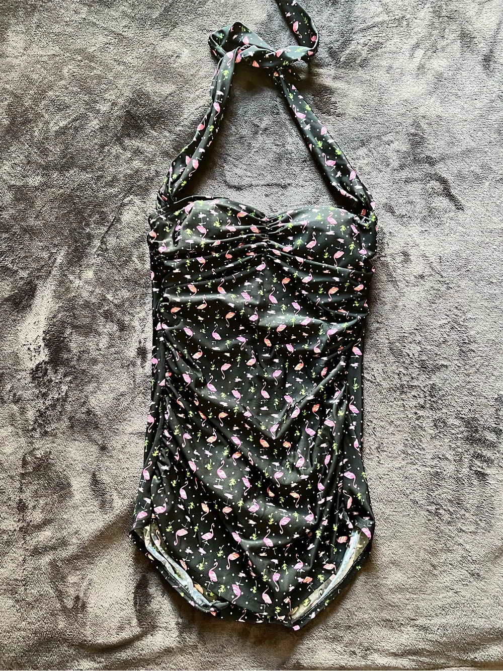 Bettie Page Retro 50s Pinup One-Piece Swimsuit with Pink Flamingo Print